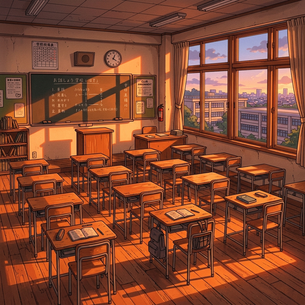 恋愛シミュレーションゲーム風の会話シーンの背景に用いる夕方の教室