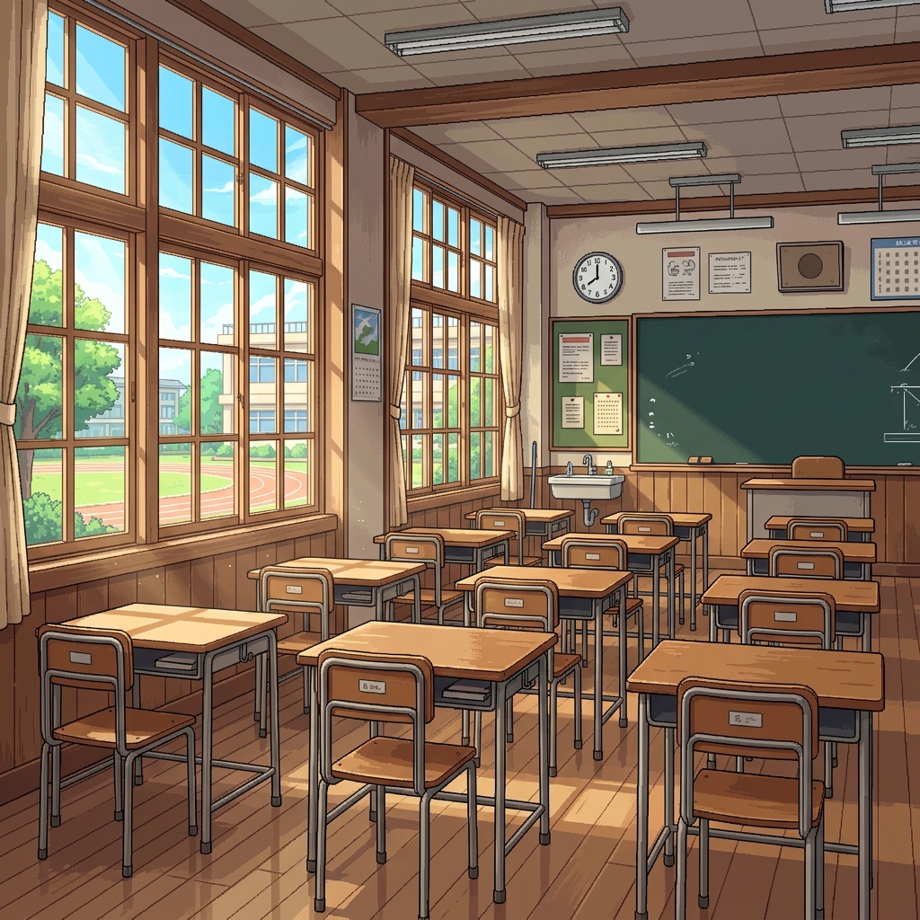 恋愛シミュレーションゲーム風の会話シーンの背景に用いる朝の教室