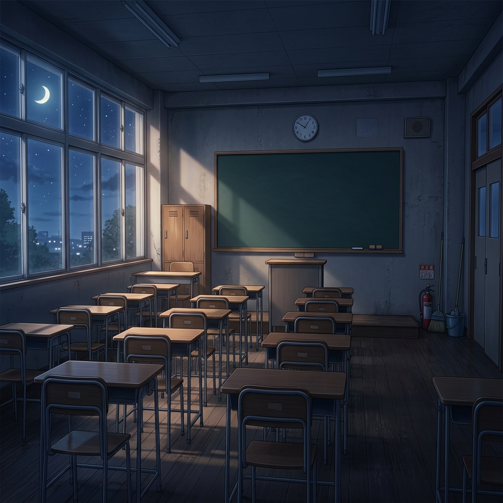 恋愛シミュレーションゲーム風の会話シーンの背景に用いる夜の教室