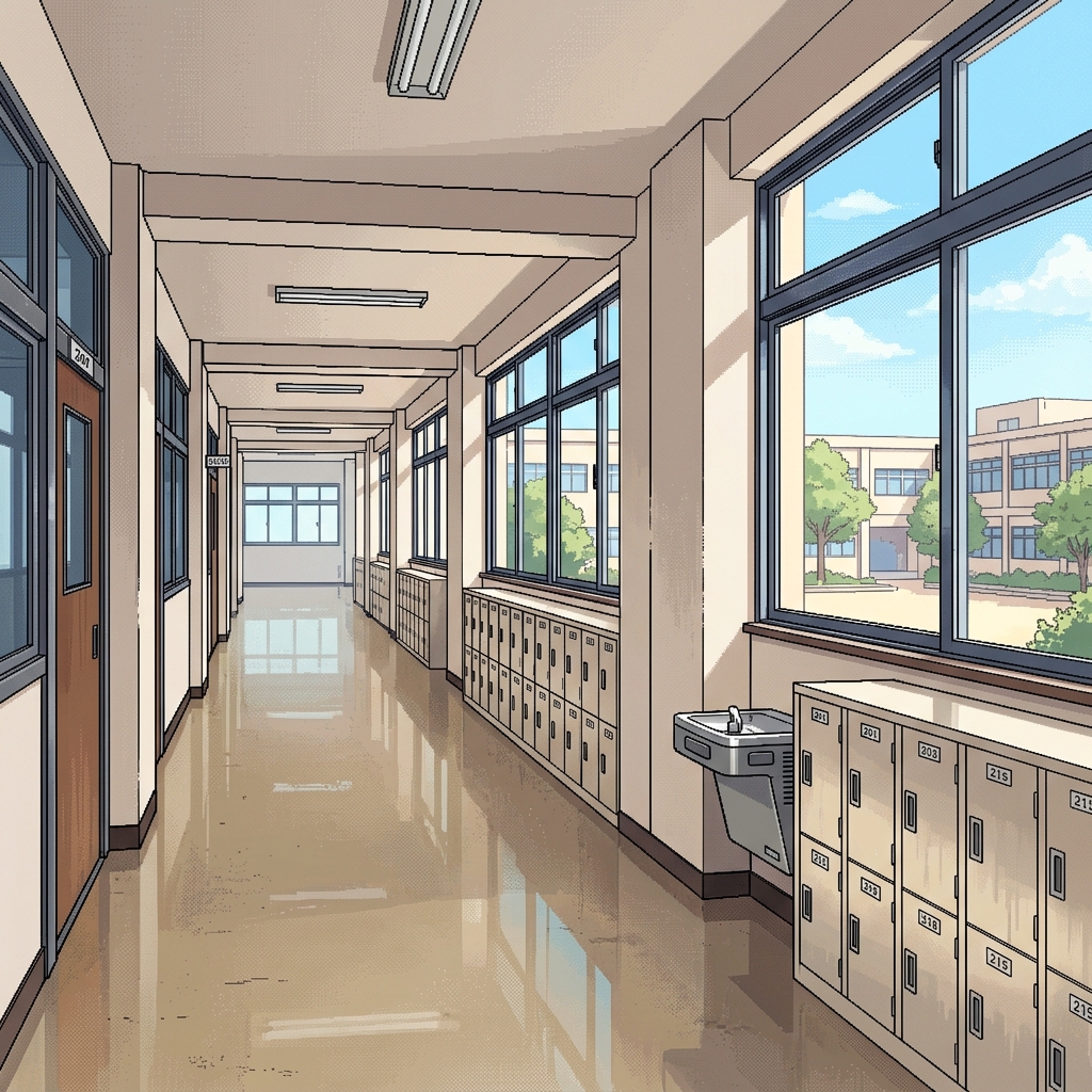 恋愛シミュレーションゲーム風の会話シーンの背景に用いる現代風の学校の廊下