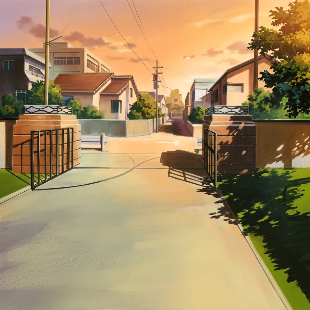 恋愛シミュレーションゲーム風の会話シーンの背景に用いる校門